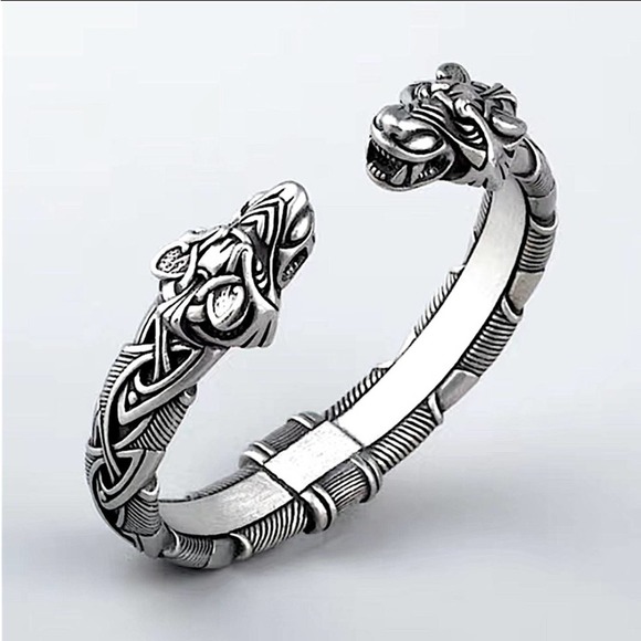Silver Wolf Head Viking Norse Knotwork Cuff Bangle Bracelet - Picture 10 of 12